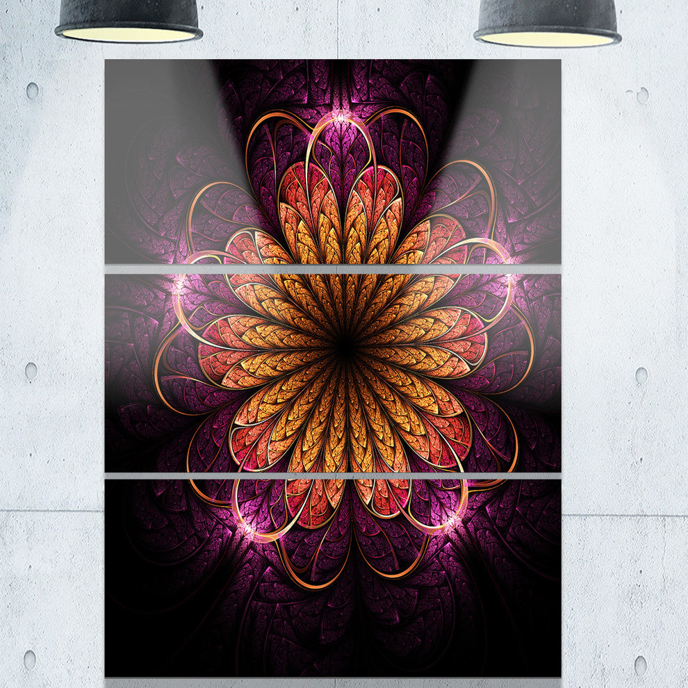 "Glittering Gold Purple Fractal Flower" Metal Wall Art, 3 Panels, 28"x36"