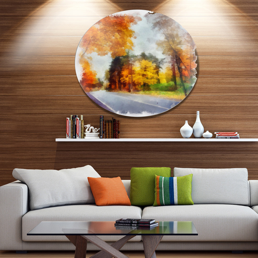 Road And Forest Sketch Watercolor, Landscape Round Metal Wall Art, 36"