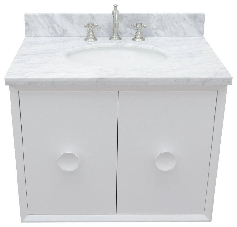 31" Single Wall Mount Vanity, White Finish With White Carrara Top
