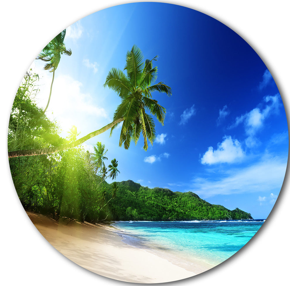 Sunset Beach With Palm, Landscape Photography Round Wall Art, 23"