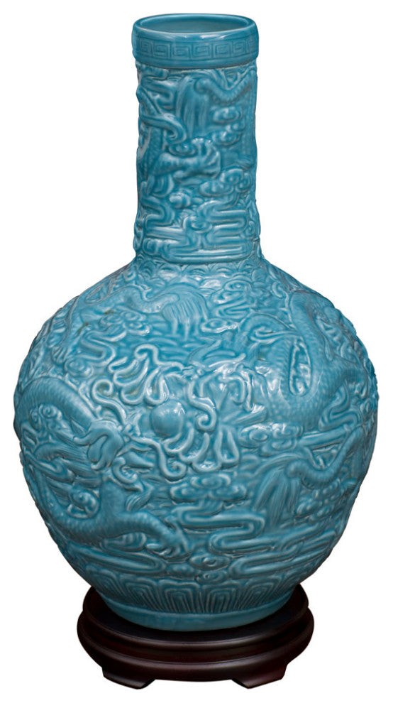 Sky Blue Porcelain Imperial Dragon Motif Chinese Temple Vase