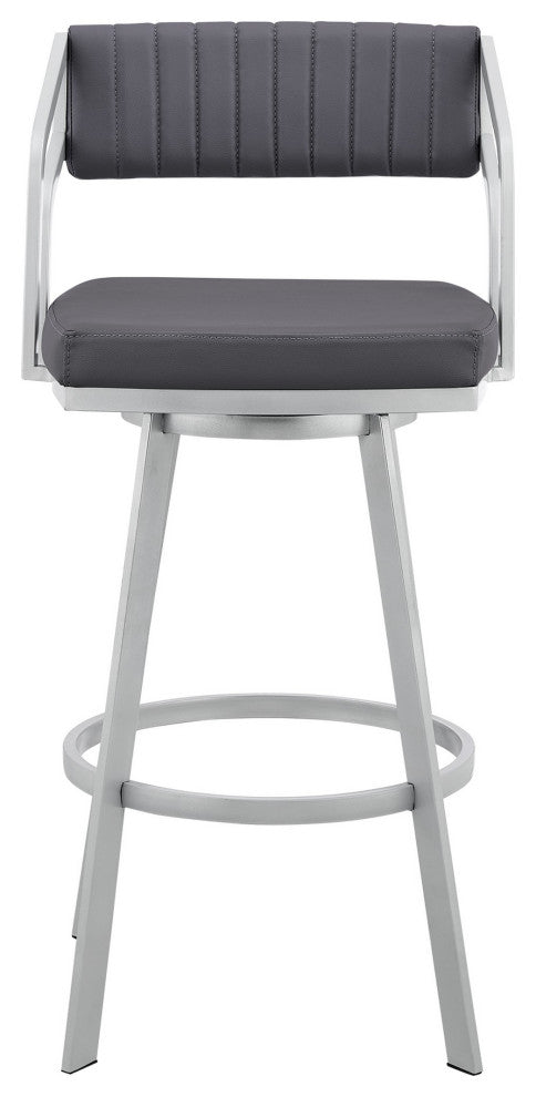 Benzara BM282087 Blake 30" Swivel Bar Stool Open Back, Silver, Gray Faux Leather