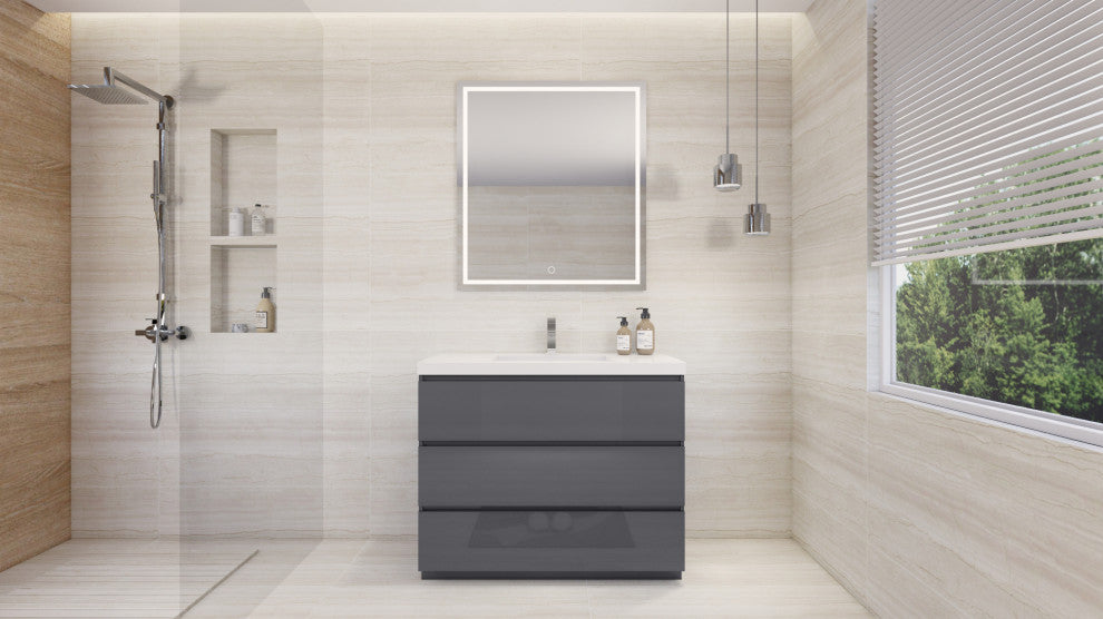 Alston 42" Free Standing Modern Vanity, High Gloss Gray, Glossy White Top