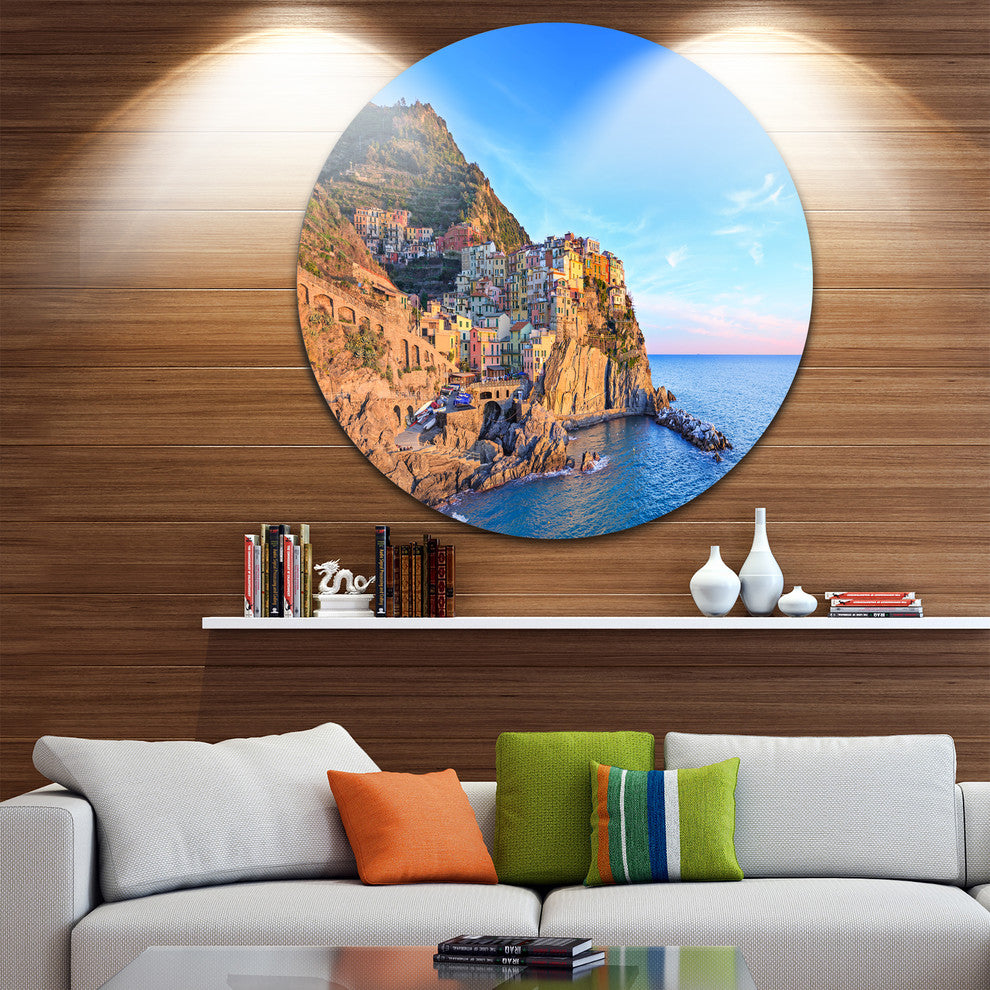 Manarola Village Cinque Terre Italy, Seashore Disc Metal Artwork, 11"