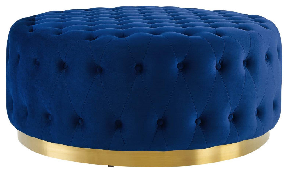 Diamond Tufted Round Ottoman , Blue