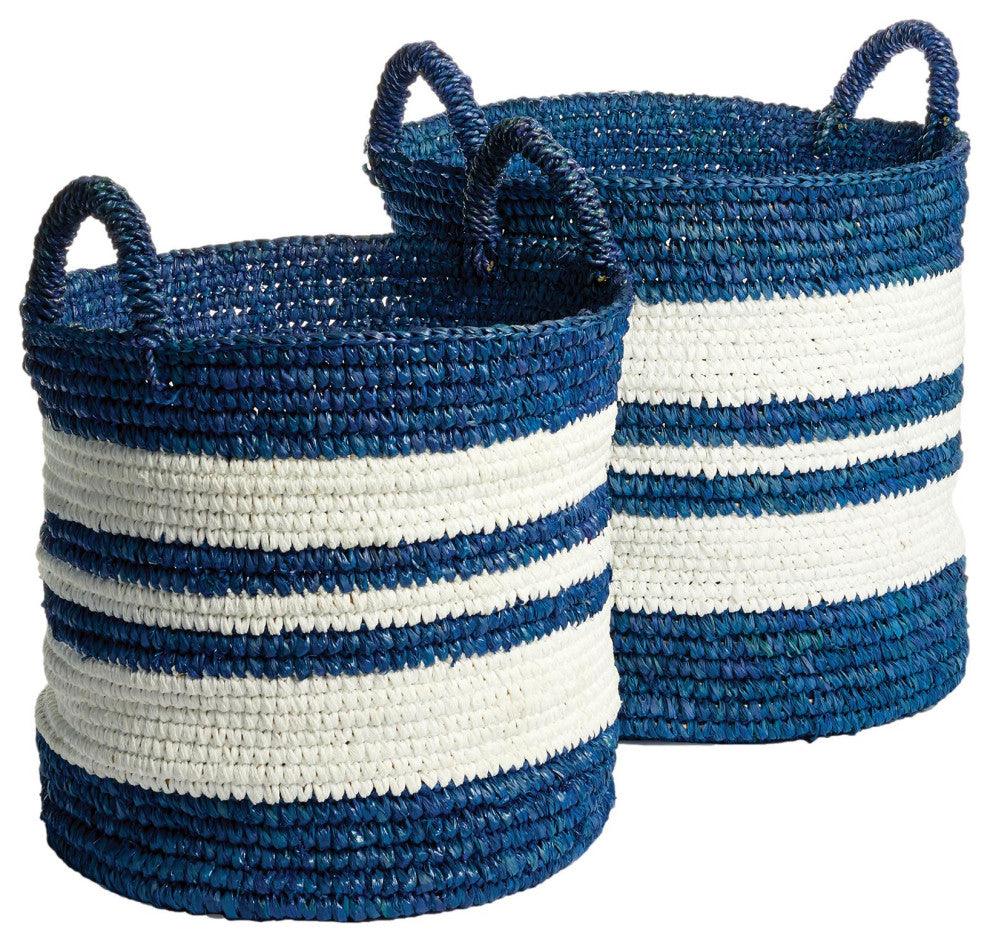 Set 2 Large Coastal Casual Blue White Stripe Tall Hamper Tote Baskets Handles