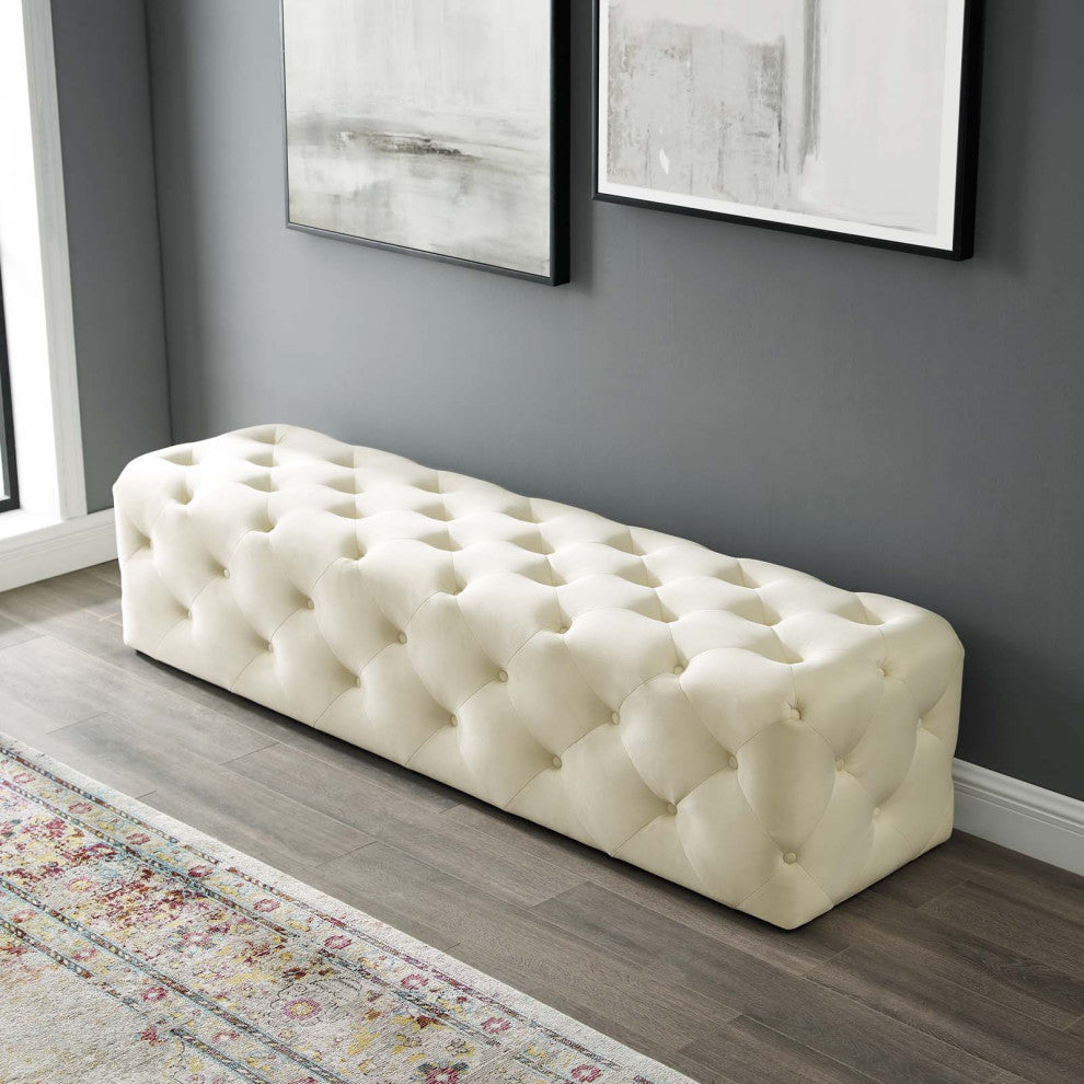 Tufted Accent Chair Bench, Velvet, Ivory White, Modern, Lounge Hospitality