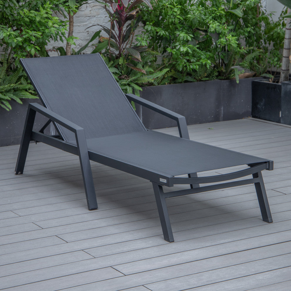 LeisureMod Marlin Chaise Lounge Chair With Arms and Fire Pit Table, Black
