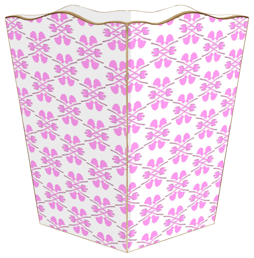 WB457LP-Laura Park Clover Pink Wastepaper Basket, Scalloped Top and Wood Tissue Box Cover