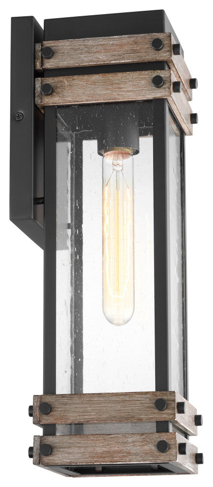 Homestead 1-Light Medium Wall Lantern, Matte Black/Wood/Clear Seed