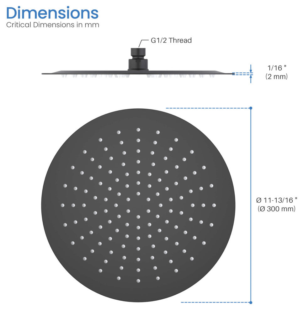 Circular 12" Metal Ultra Thin Profile Rain Shower Head 1.75 GPM, Matte Black