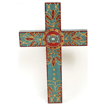 Concho Handmade Wooden Cross 11x17", Turquoise