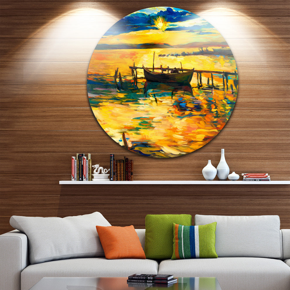 Boat And Pier In Yellow Shade, Seascape Painting Round Wall Art, 38"