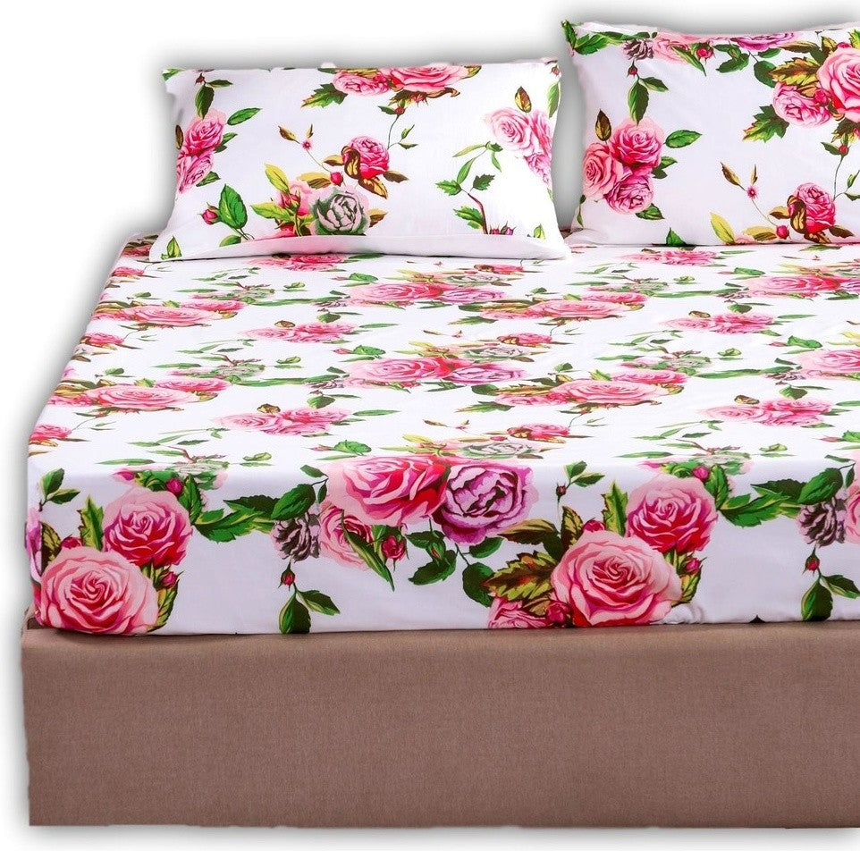 Romantic Roses Lovely Spring Pink Floral Colorful Fitted Sheet Pillow Cases Set