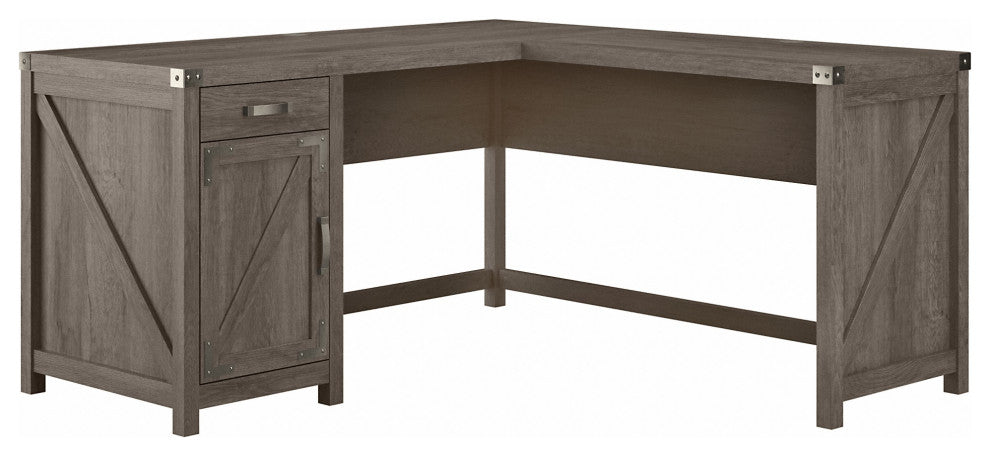 kathy ireland Cottage Grove 60" L Shaped Desk, Drawer & Cabinet, Restored Gray