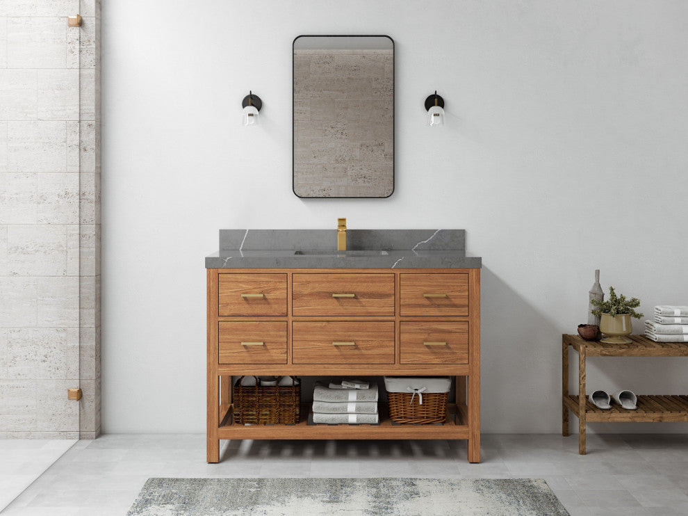 Parker Teak 48" Single Sink Bath Vanity in Golden Teak  2" Piatra Gray