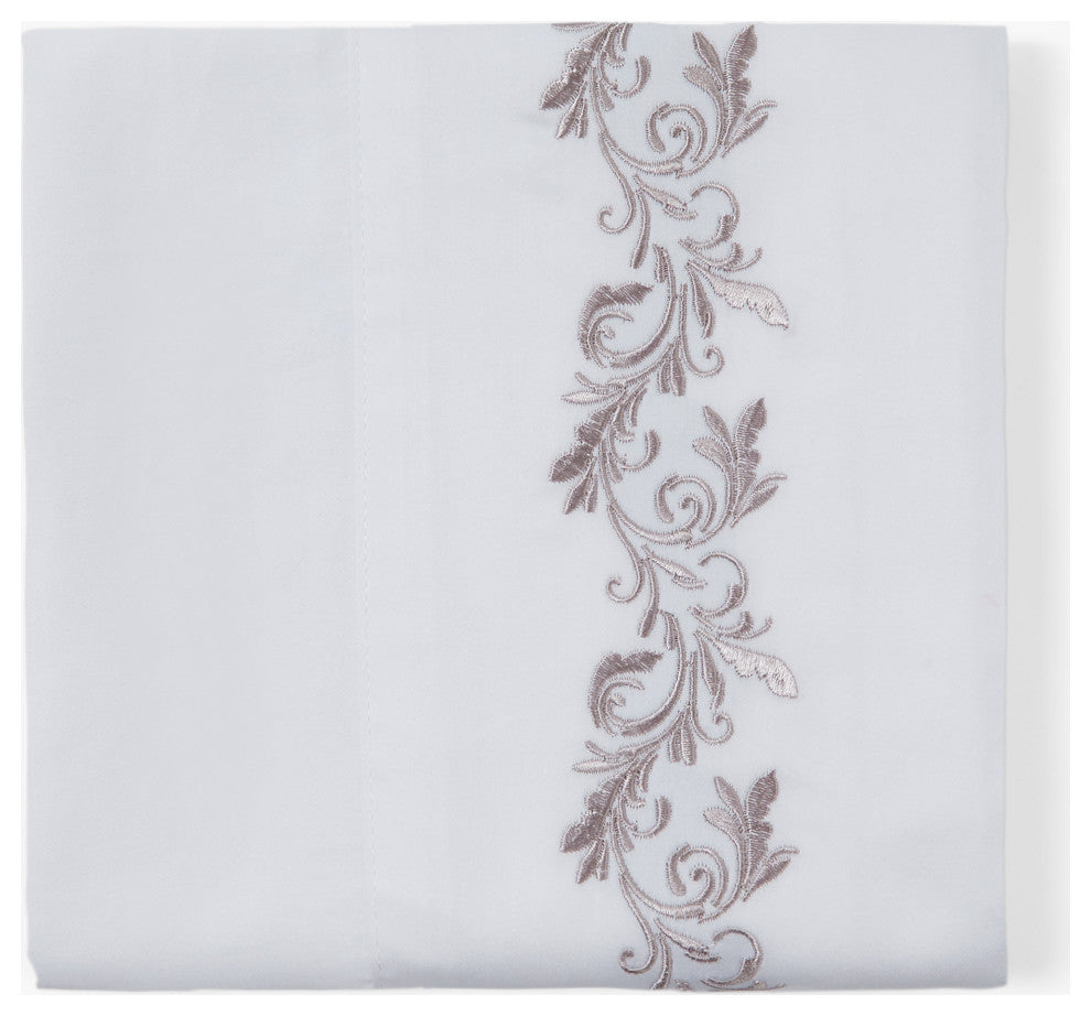 350 TC White Sheet Set With Gray Scroll Embroidery, King