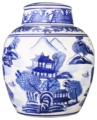 Chinese 9" Ginger Jar, Export Blue and White Porcelain Landscape