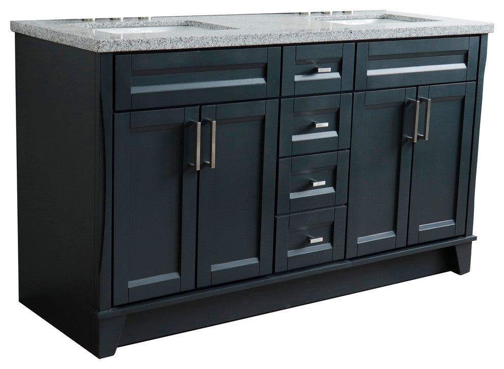 61" Double Sink Vanity, Dark Gray Finish And Gray Granite And Rectangle Sink
