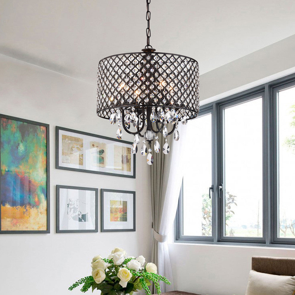 Marya 4-Light Black Metal Round Beaded Drum Chandelier Hanging Crystals Glam