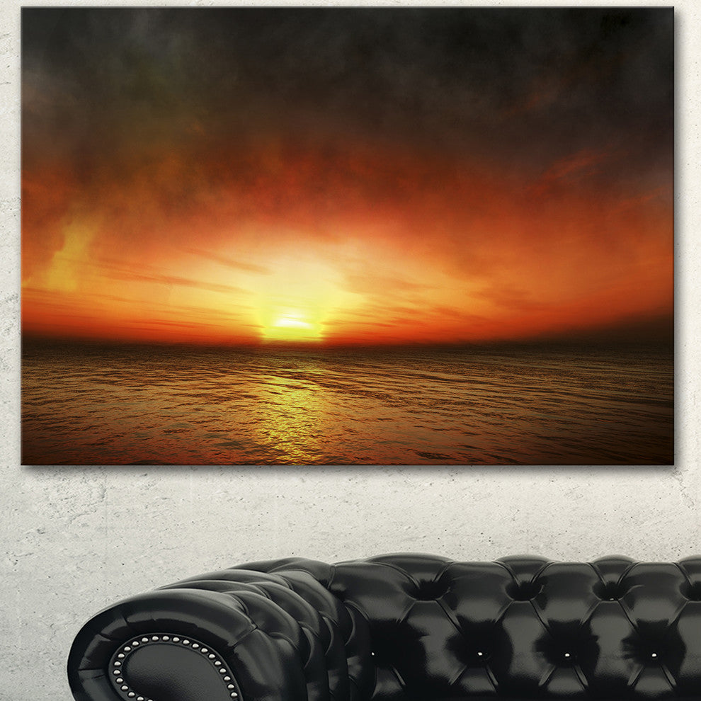 Fiery Sunset Beach under Cloudy Sky, Modern Seashore Canvas Art, 40"x30"