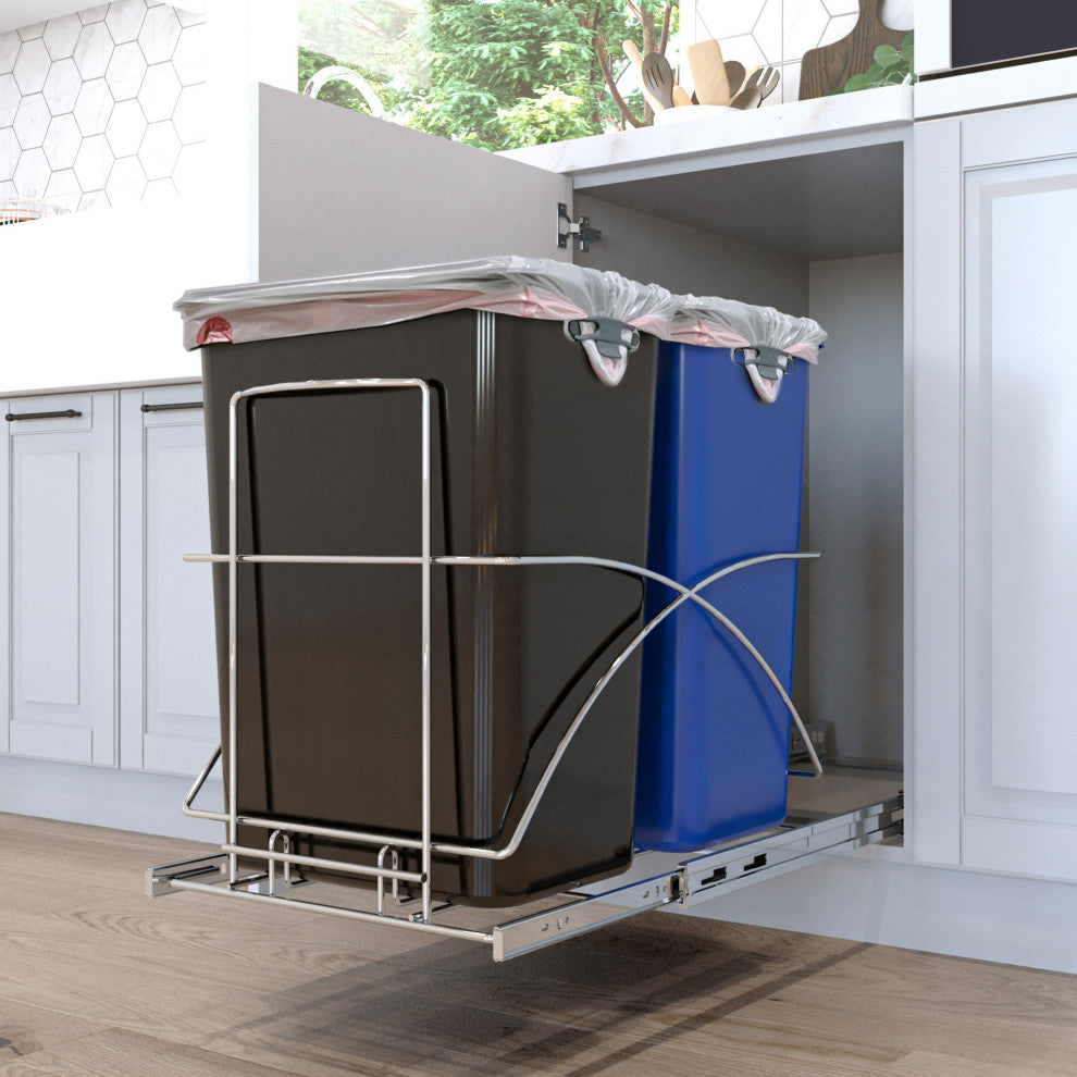 Home Zone Living 15.3 Gallon Pull Out Dual Trash Can for Recycling and Trash