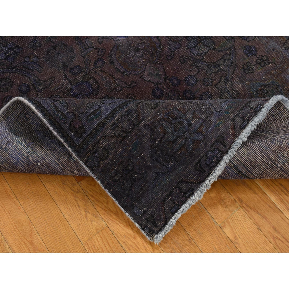 Purple Hand Knotted Overdyed Tabriz Pure Wool Oriental Rug, 4'10"x9'9"