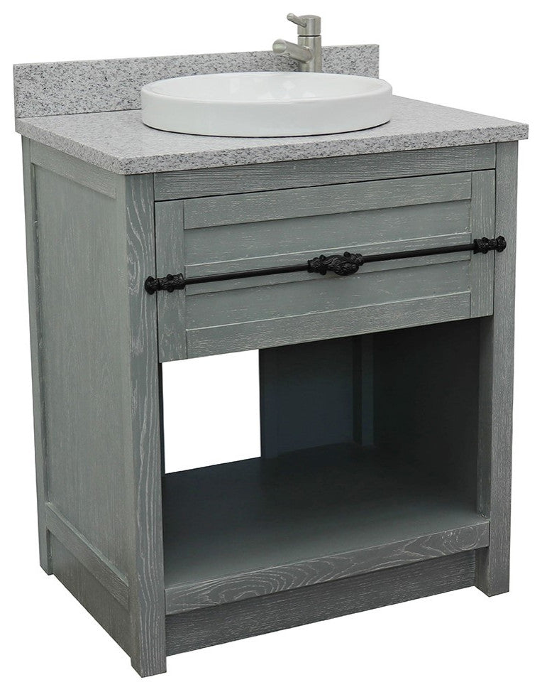 30" Single Vanity, Gray Ash, Gray Granite Top, Round Sink