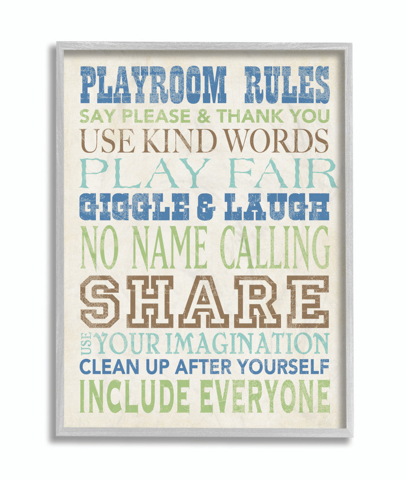Stupell Industries Playroom Rules Typography In Blues Green and Brown, 16 x 20