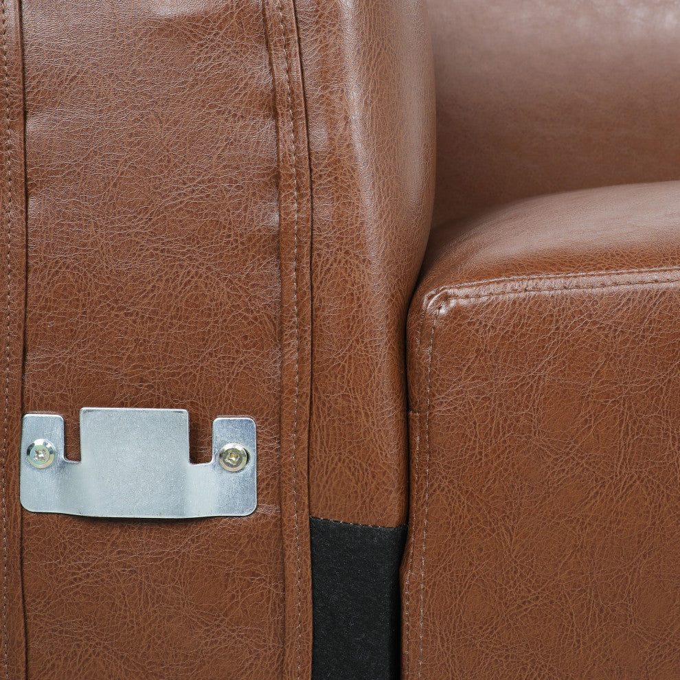 Minkler Contemporary Faux Leather 3 Seater Sofa With Chaise Lounge, Cognac/Dark Walnut
