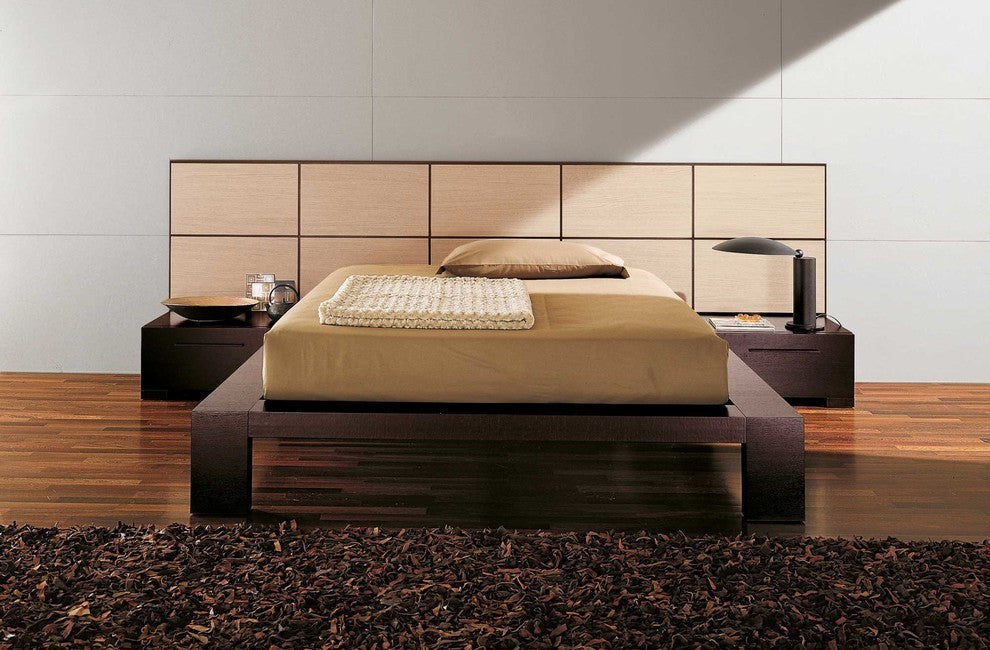 Yoko Bed With 2 Nightstands, Wenge With Natural Wood Panel, Queen
