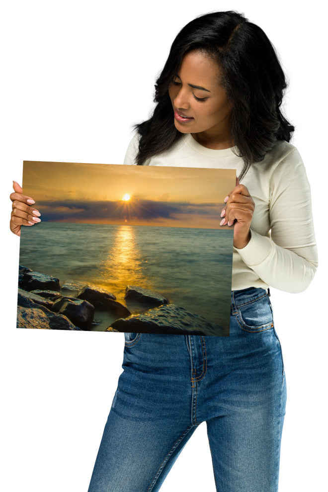 Sunset On Ocean, Sea, Beach Landscape Photo Unframed Wall Art Print, 11" X 14"