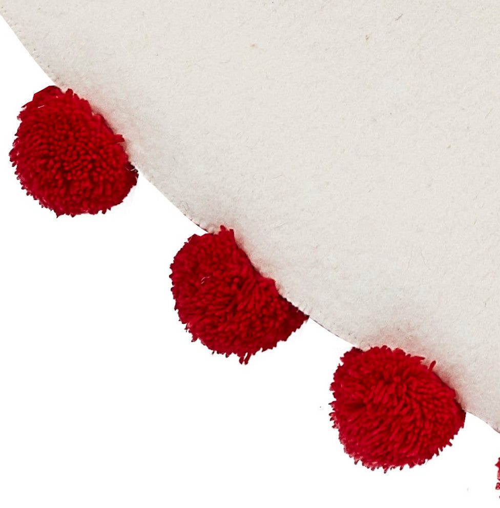 Handmade Felt Christmas Tree Skirt, Red Pom Poms on Cream, 63"