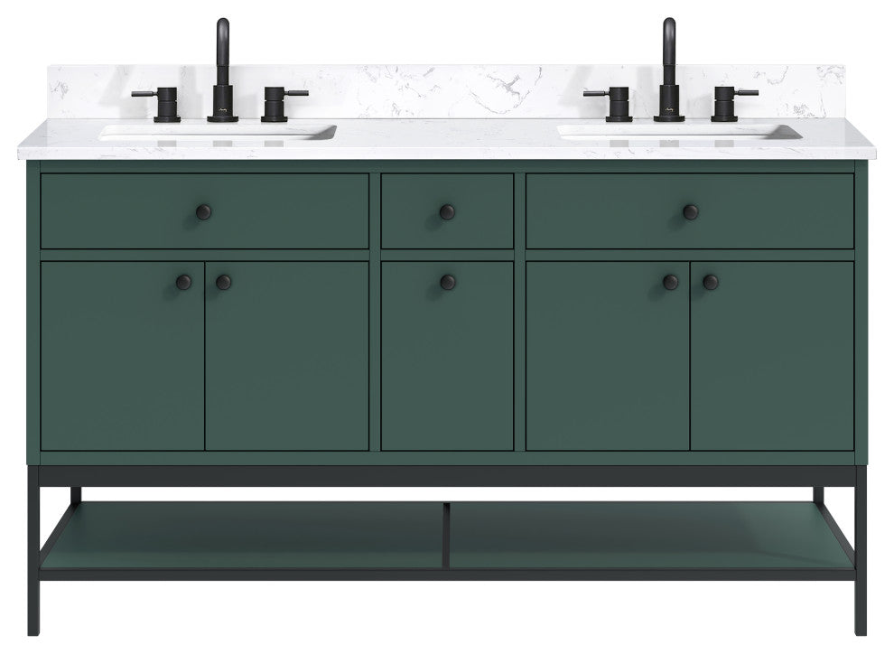 Paisley Vanity Combo, Cala White Engineered Top, 60", Everglade Green, Double Sink