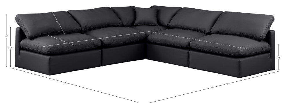 Indulge Upholstered Modular L-Shaped Sectional, Black, 5-Piece: 4 Armless Chair, 1 Corner Chair, Fiber Stuffed Vegan Leather