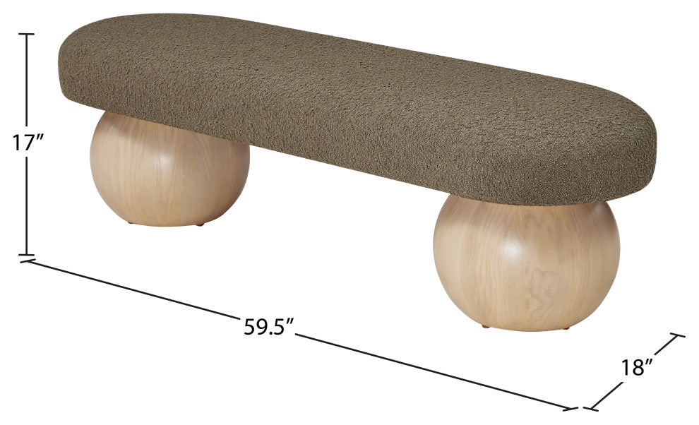Meridian Furniture Bowie Boucle Fabric Upholstered Bench, Olive, Natural Finish