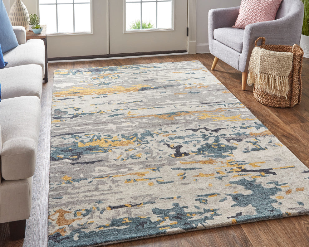 Weave & Wander Everley Wool Rug, Warm Beige/Blue, Rug, Gray, 4'x6'