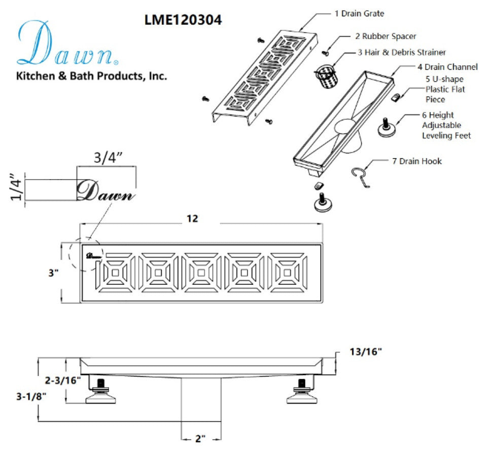 Dawn 12" Linear Shower Drains With Hair Trap Set, Polished Satin, Mamore