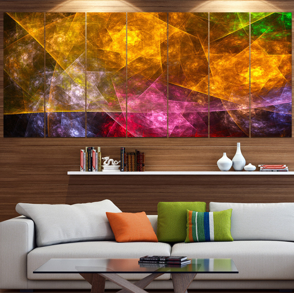 Yellow Pink Rotating Polyhedron, Abstract Canvas Art Print, 83"x32", 7 Panels