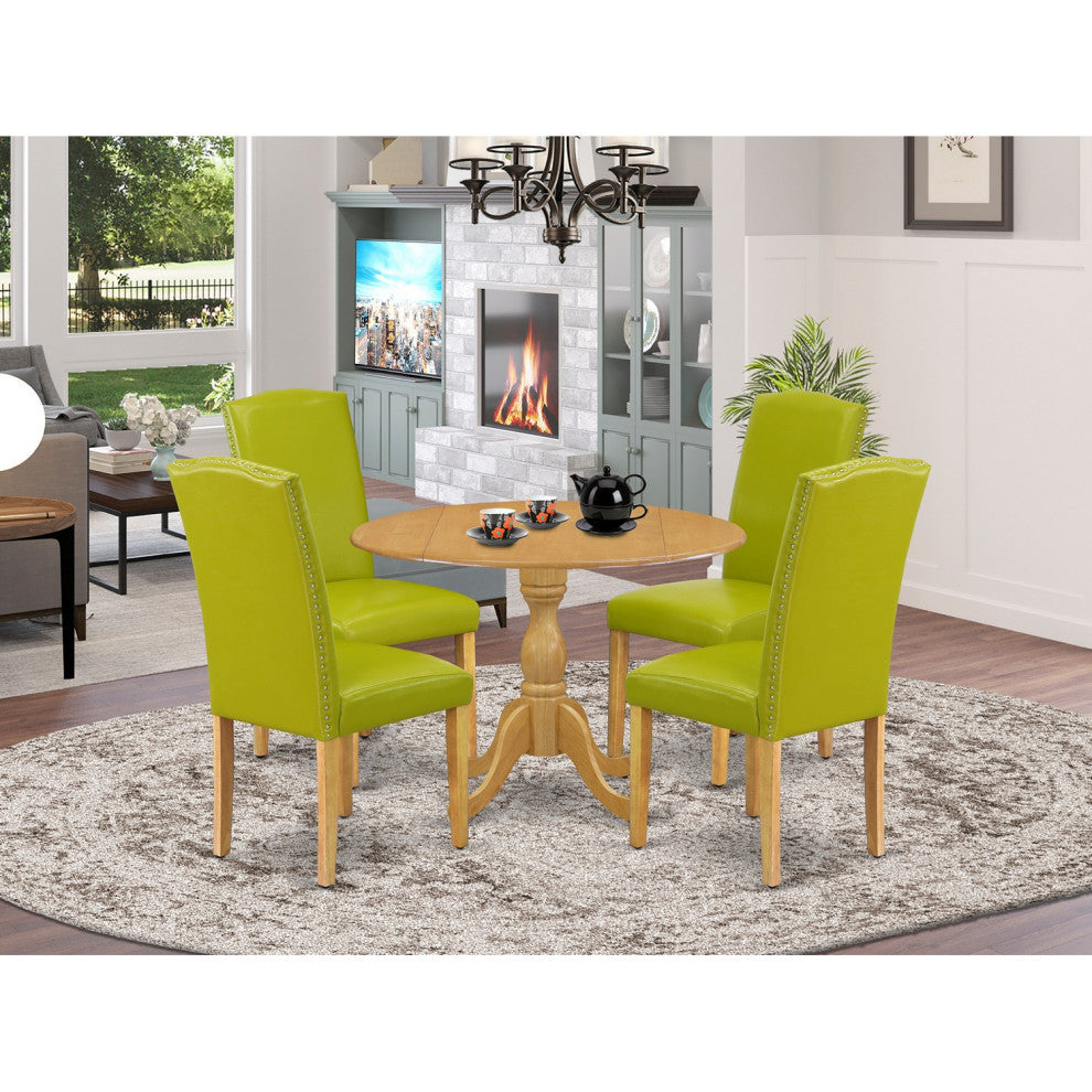 5 Pc Dining Set, Oak Breakfast Table, 4 Autumn Green Leather Chairs, Oak Finish