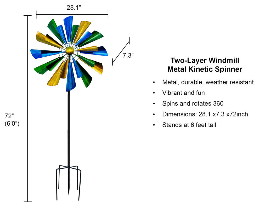 Two Layered Metal Windmill Kinetic Wind Spinner Outdoor Garden Sculpture