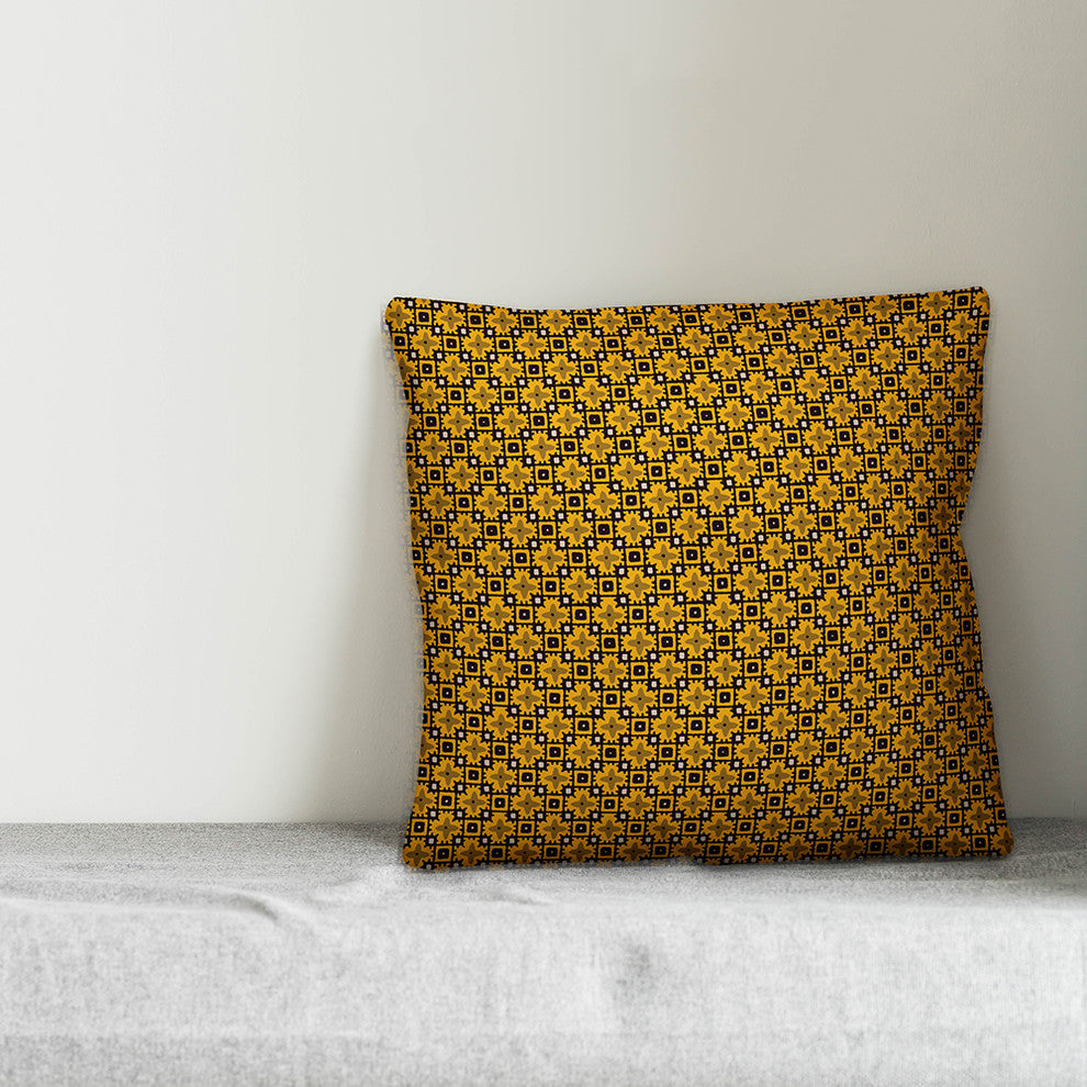 Yellow Floral Squares Outdoor Throw Pillow, 16"x16"