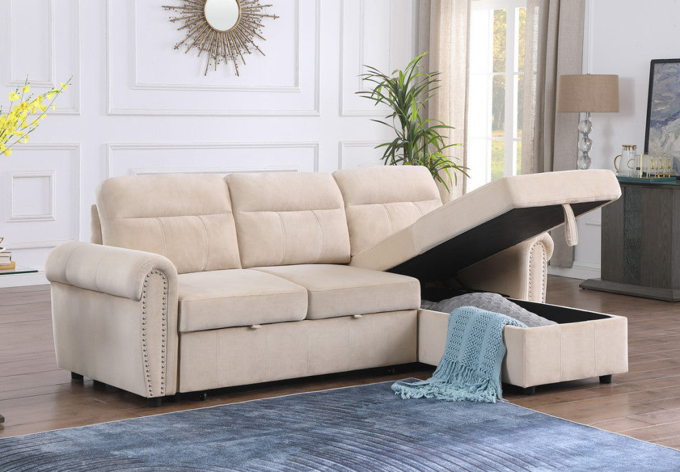 Ashton Velvet Fabric Reversible Sleeper Sectional Sofa Chaise, Beige