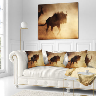 Blue Wildebeest Running in Dust African Throw Pillow, 16"x16"