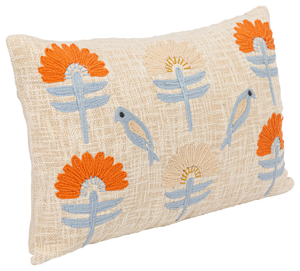 24" Woven Cotton Lumbar Pillow, Embroidered Flowers, Birds, Multicolored