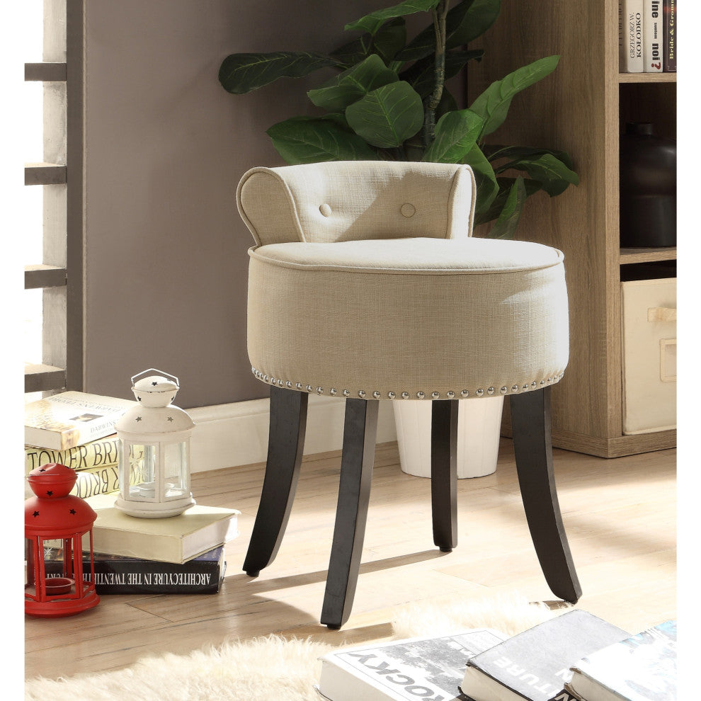 Ludovic Linen Contemporary Nailhead Trim Rolled Back Vanity Stool, Beige