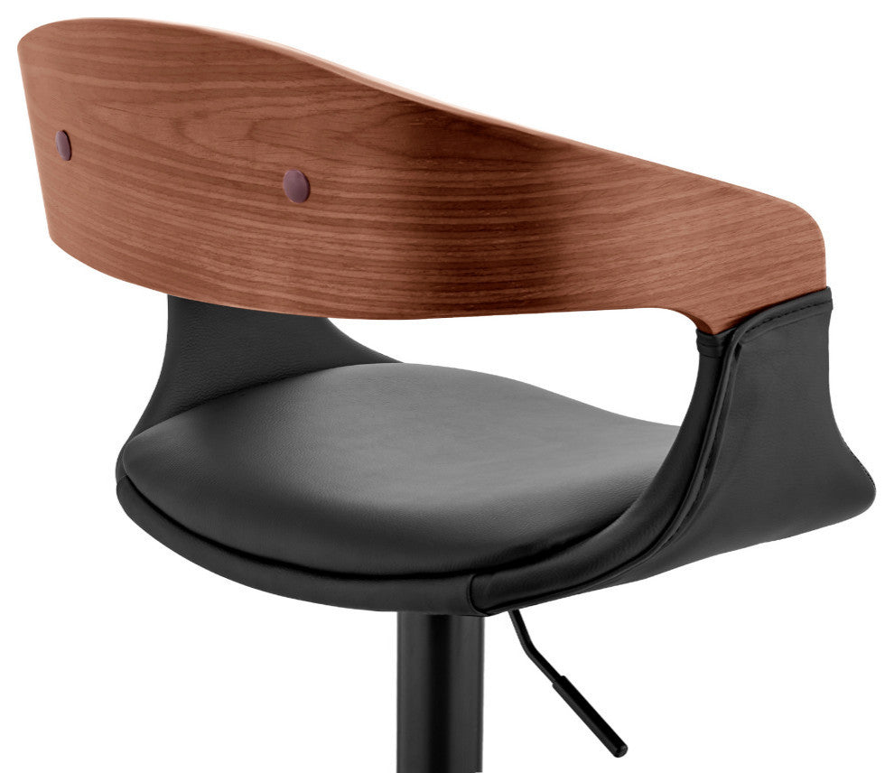 Benson Adjustable Faux Leather and Wood Bar Stool With Metal Base, Black and Wal