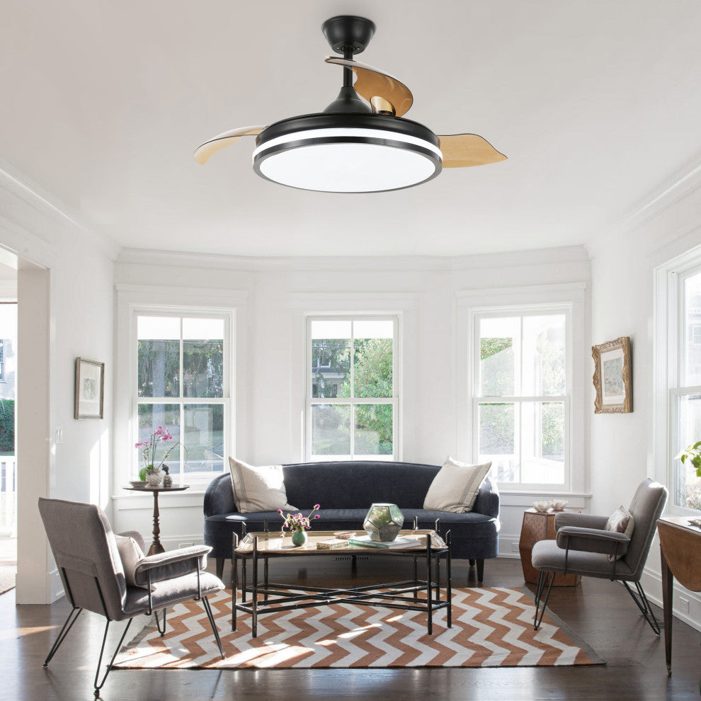 36W Reversible Ceiling Fan with Retractable Blades and Remote Control, Black