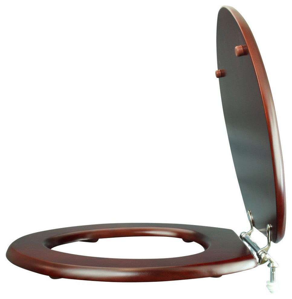 Cherry Finish Wooden Elongated Toilet Seat with Chrome Hinges and Stabilizers