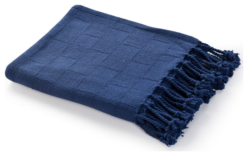Checkered Weave Throw Blanket with Fringe, Navy Blue